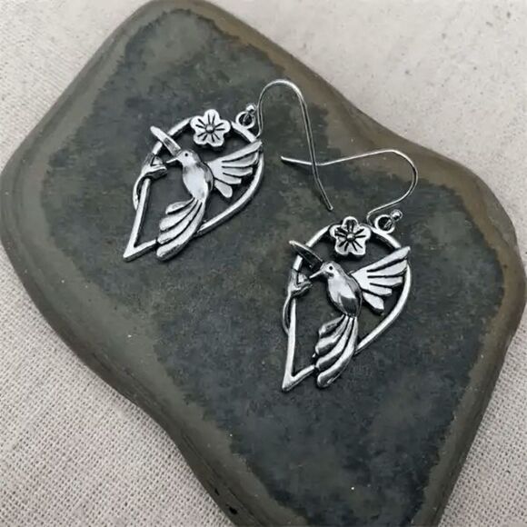 Bohemian Flower Bird Dangle Hook Silver Earrings - Picture 1 of 5